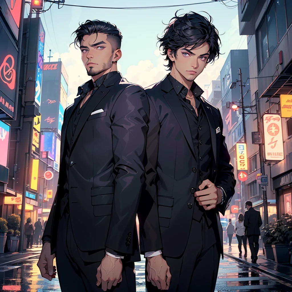 man:1.5,1 man,businessman man,(((1man))),((man with black short hair)),
(((1male,man:1.5,handsome man,male,male gender:1.5,male focus))),macho man,Hero,
((messy hair,short black haircut,detailed black fur,very detailed hair,black fur,colored inner hair)),(((shiny skin:1.5,tanned skin,shiny skin: 1.5,tanned skin,shiny skin,very shiny skin,shiny body,illuminated skin))),(((purple_eyes:1.2))),intricate eyes,beautiful detailed eyes,symmetrical eyes,((man chest)),beautiful face,((muscular)),male jaw,((very short beard)),(((detailed face))),
manly,NSFW,
cyberpunk businessman, ((Business suit:1.5)), futuristic businessman,((bulge in pants)),((striking color suit:1.2)),((wet clothes,intricate costume,intricate clothing,intricate costume)), black suit. white color hair, subtle red eyes.
Full character image enter.
(dynamic pose:1.0),Focus only,((presumed)),(centered,Scale to fit dimensions,rule of thirds),
cyberpunk city by the ocean at night, with bright neon signs and dark stormy clouds and puddles, scenery:1.25,
High resolution, sharp focus, (ultra detailed, extremely detailed), (photorealistic artwork:1.37),(extremely detailed CG unity 8k wallpaper),((synthwave background theme)),(((vibrant colors))),(intricate background),(masterpiece),(Best Quality), full body character, whole body