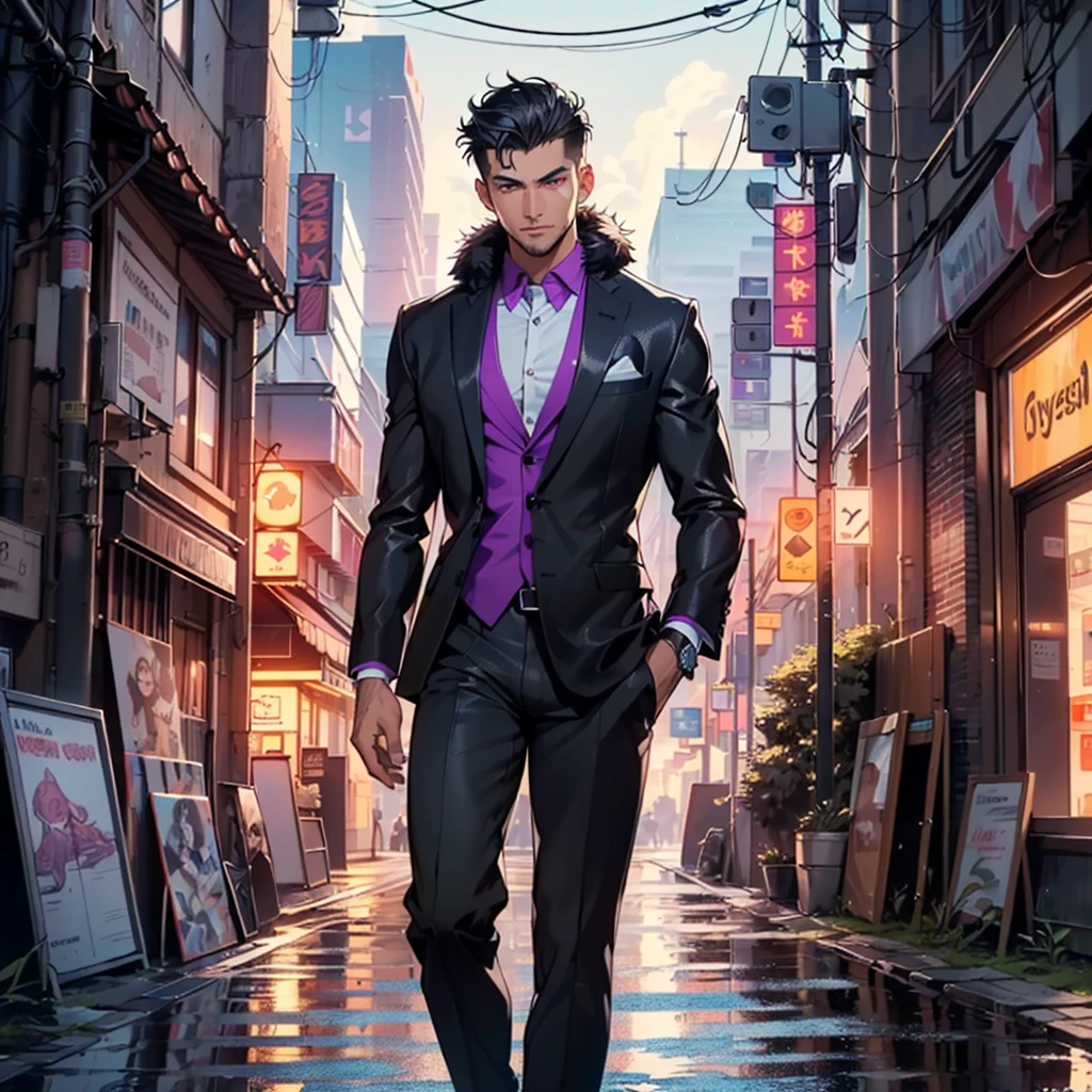 man:1.5,1 man,businessman man,(((1man))),((man with black short hair)),
(((1male,man:1.5,handsome man,male,male gender:1.5,male focus))),macho man,Hero,
((messy hair,short black haircut,detailed black fur,very detailed hair,black fur,colored inner hair)),(((shiny skin:1.5,tanned skin,shiny skin: 1.5,tanned skin,shiny skin,very shiny skin,shiny body,illuminated skin))),(((purple_eyes:1.2))),intricate eyes,beautiful detailed eyes,symmetrical eyes,((man chest)),beautiful face,((muscular)),male jaw,((very short beard)),(((detailed face))),
manly,NSFW,
cyberpunk businessman, ((Business suit:1.5)), futuristic businessman,((bulge in pants)),((striking color suit:1.2)),((wet clothes,intricate costume,intricate clothing,intricate costume)), black suit. white color hair, subtle red eyes.
Full character image enter.
(dynamic pose:1.0),Focus only,((presumed)),(centered,Scale to fit dimensions,rule of thirds),
cyberpunk city by the ocean at night, with bright neon signs and dark stormy clouds and puddles, scenery:1.25,
High resolution, sharp focus, (ultra detailed, extremely detailed), (photorealistic artwork:1.37),(extremely detailed CG unity 8k wallpaper),((synthwave background theme)),(((vibrant colors))),(intricate background),(masterpiece),(Best Quality), full body character, whole body