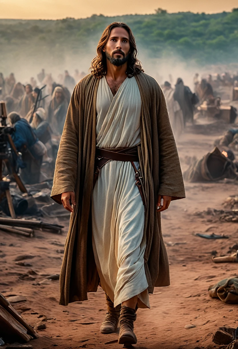 (best high quality:1.5), obra de arte, (8k), extremely detailed, (High details:1.4), film grain, Fujifilm, 85mm, f/1.8, 8k, highres, UHD, masterpiece, Jesus Christ returning at the end of time, with a very beautiful and perfect outfit, apocalyptic setting,