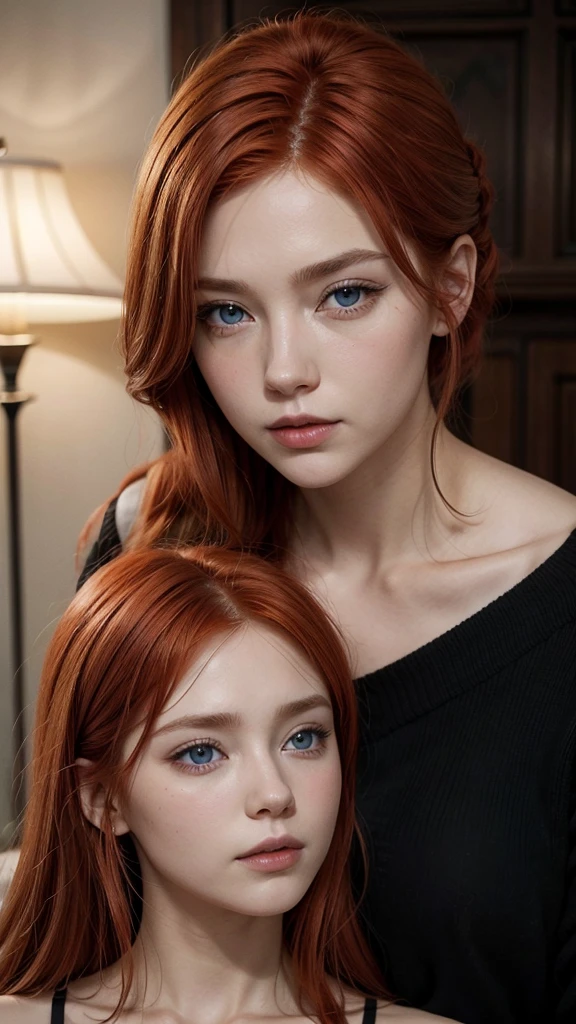 Red-haired monarch king with black eyes and his blonde-haired, blue-eyed fiancée 