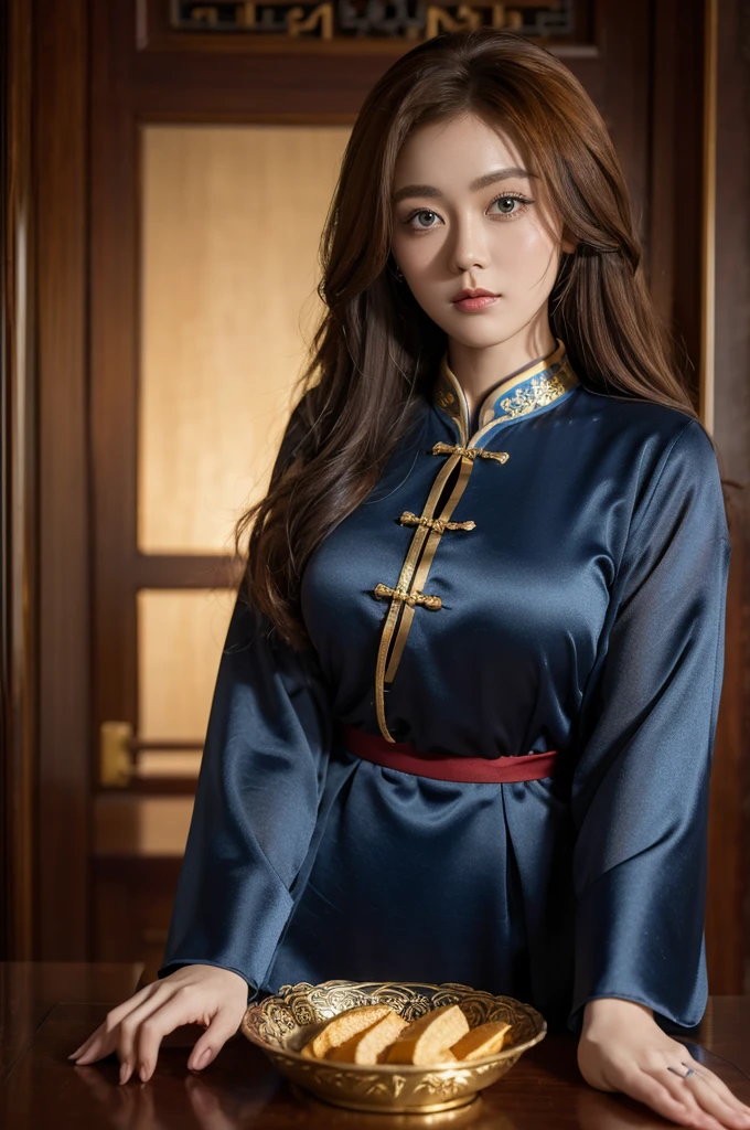 k1m10 with curly auburn hair and blue eyes, smirking, wearing a high-collared royal blue cheongsam with gold edging, masterpiece, fantasy portrait, high quality photograph