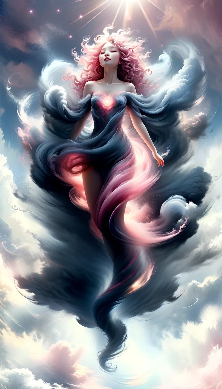 Create an illustration using the soft and ethereal qualities of watercolor. Beautiful pink skin anime model full body, sun-bathing on floating cloud along the suns surface, enticing eyes, curly hair dreamy, background thick clouds,, hyperdetailed, detailed, (masterpiece) . high fashion, luxurious, extravagant, stylish, sensual, opulent, elegance, stunning beauty, professional, high contrast, detailed, Depict a dreamy, whimsical scene with elements that seem to merge with the background