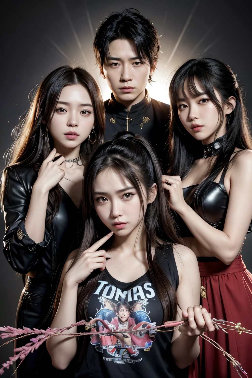 Create a high-resolution image of a new K-pop band made up exclusively of the character Jackie Chan. The band must have several 'Jackie Chans', each in a different role (Lead singer, main dancer, rapper, etc.). They must be dressed in modern and stylized K-pop clothing, full of shine and eye-catching details. The image should capture a performance on stage, with vibrant and colorful lighting typical of k-pop shows. Each 'Jackie Chan' must have an energetic expression and pose, reflecting the intensity and charisma of K-pop performances.