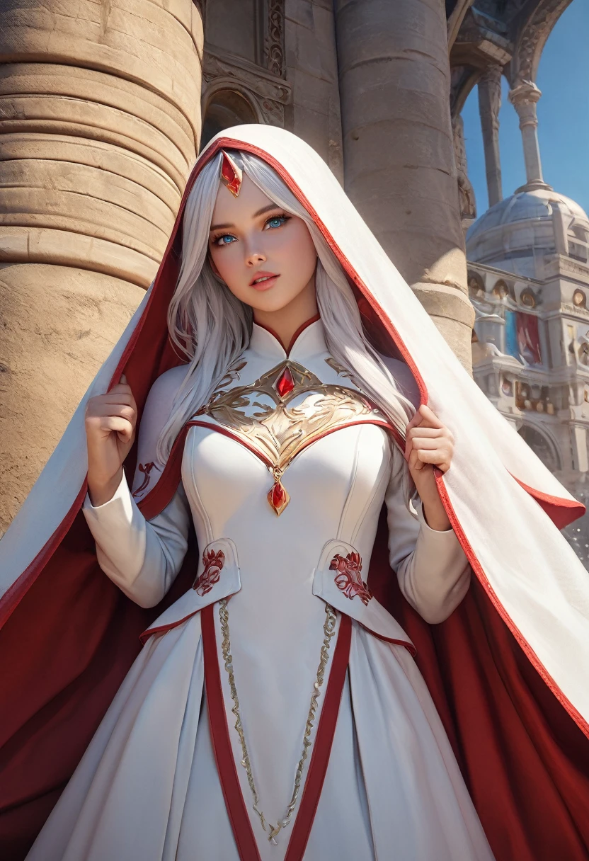 (best quality,4k,8k,highres,masterpiece:1.2), ultra-detailed, (realistic,photorealistic,photo-realistic:1.37),((Highly detailed CG Unity 8k wallpaper)), masterpiece, Super detailed, floating, High resolution, Sexually suggestive, (small, Extremely long white hair, Princess, White Mage, blue eyes, (It has long, wide sleeves and intricate embroidery. A gorgeous layered long dress in white and red with a sheer look), Bridal Veil, Circlet, Bridal Gauntlet, Blushing, shy, arched back, Frilled petticoat, Glamorous corset,