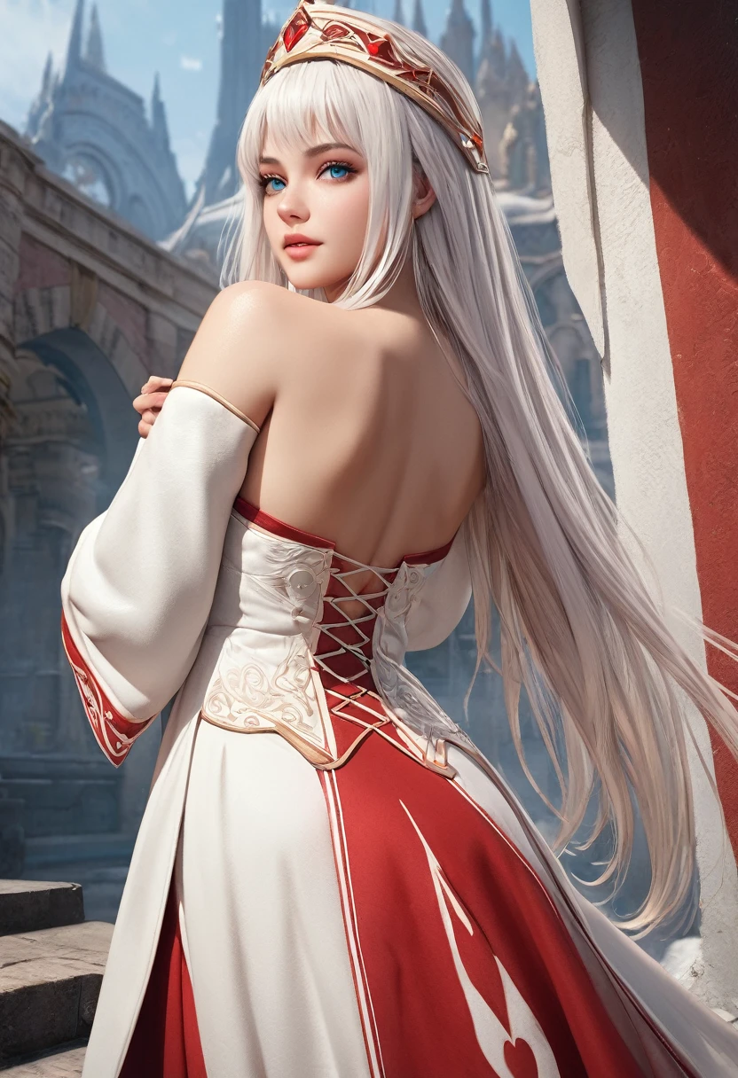 (best quality,4k,8k,highres,masterpiece:1.2), ultra-detailed, (realistic,photorealistic,photo-realistic:1.37),((Highly detailed CG Unity 8k wallpaper)), masterpiece, Super detailed, floating, High resolution, Sexually suggestive, (small, Extremely long white hair, Princess, White Mage, blue eyes, (It has long, wide sleeves and intricate embroidery. A gorgeous layered long dress in white and red with a sheer look), Bridal Veil, Circlet, Bridal Gauntlet, Blushing, shy, arched back, Frilled petticoat, Glamorous corset,