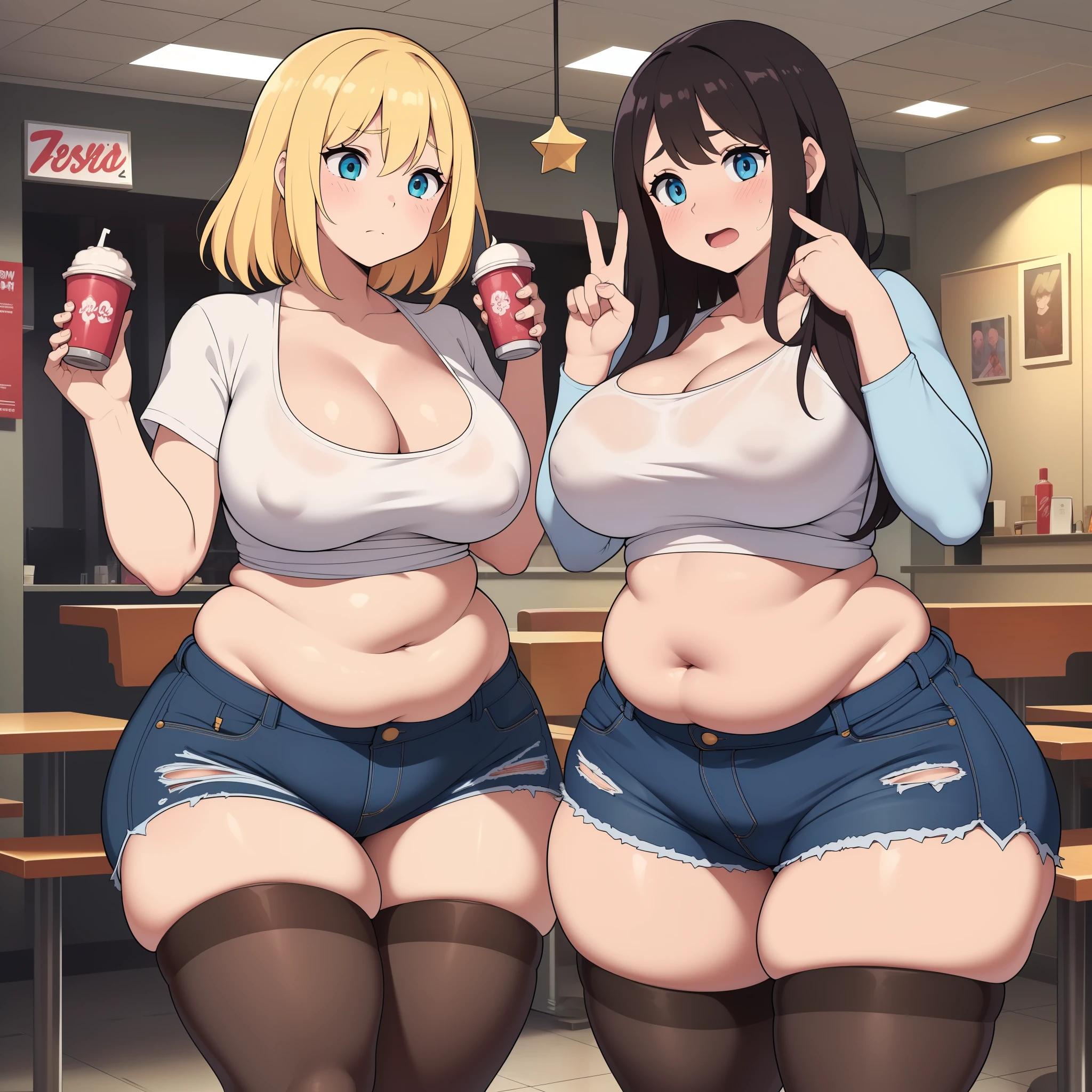 ((Masterpiece)), perfect anatomy, perfect shading, field of depth, (best quality), extremely delicate and beautiful, perfect lighting, detailed face, ultra cute face, cute, (cowboy shot 1.2), full body, (((2girls))), ((2 girls 1 and 2))
Girl 1: has long hair, fluffy hair, blonde hair, blue eyes, ((blush)), embarrassed (crop top 1.2), (jean shorts 1.2), chocker, extremely tight clothes, medium breasts, cleavage, perky breasts, ((wide hips)), (thick thighs), (chubby), pudgy belly, fat rolls, belly hang,
Girl 2: has short hair, fluffy hair, brown hair, green eyes, ((blush)), embarrassed, (white tank top 1.2), (jeans 1.2), chocker, extremely tight clothes, medium breasts, cleavage, perky breasts, (((wide hips))), ((thick thighs)), (plump), chubby belly, fat rolls, belly hang, she has a jiggly belly,
Fast food restaurant, intricate background, detailed background, girls are standing next to each other, (spoken heart),