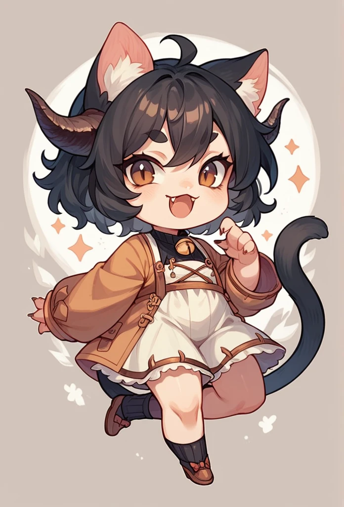 chibi, beautiful woman, long wavy black hair, brown eyes, cat ears and tail, fangs, horns,