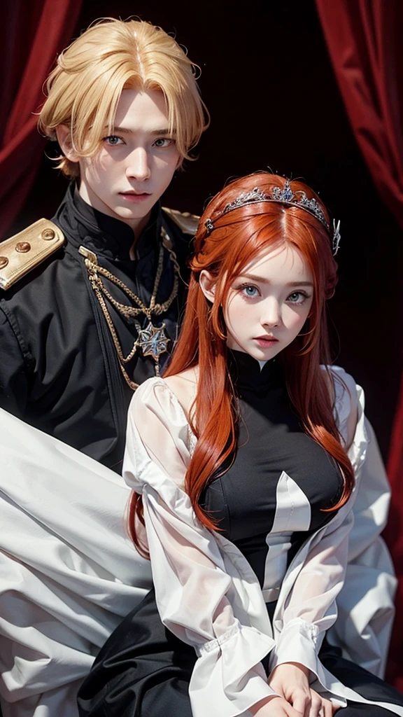 Red-haired monarch king with black eyes and his blonde-haired, blue-eyed fiancée 
