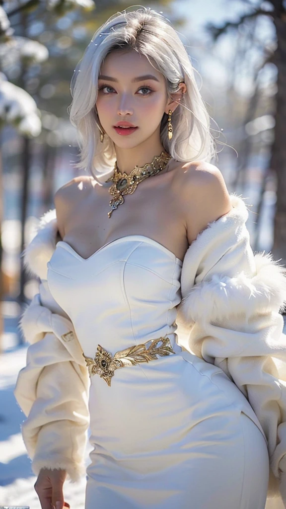 woman,1female,((milf,mom,mature,mature woman,45 years old female,adult)),(large breasts:1.5),saggy breasts,(((white hair:1.4,straight hair,long hair:1.4,colored inner hair))),((yellow_eyes:1.3)),intricate eyes,beautiful detailed eyes,symmetrical eyes,((((dark skin:1.4,lustrous skin:1.5,bright skin: 1.5,skin tanned,shiny skin,very shiny skin,shiny body,illuminated skin)))),(spider lower abdomen,narrow waist,wide hip,bimbo body,inflated legs,thick thighs,delicate detailed fingers),(((detailed face))),

cute,slutty,sensual,seductive look,seductive,((erotic)),opulent,sumptuous,longingly,((nsfw)),

queen,goddess,fantasy,(beautiful winter silver clothes,silver silk),((strapless red dress,very long red skirt,red dress)),(silver clothes),(((ice jewelry,intricate necklace,christmas jewelry,detailed outfit))),cleavage,silver silk,((eyeshadow,elegant makeup,eyelid makeup,gold lips,gold lipstick)),((Transparent cloth:1.1)), (((Sexy white fur coat, white fur coat outfit, wearing a white fur coat:1.3,winter white coat))),red gloves,(((intricate outfit,intricate clothes,embroidered outfit,ornate outfit,embroidered clothes,ornate clothes))),

(dynamic pose:1.0),embarrassed,(centered,scale to fit dimensions,Rule of thirds),

((snowy pine forest)),winter,scenery:1.25,((intricate scenery)),((snow forest background)),Christmas tree,

(Glossy winter ornaments),highres,sharp focus,(ultra detailed,extremely detailed),(photorealistic artwork:1.37),(extremely detailed CG unity 8k wallpaper),(((vibrant colors,vibrant theme))),(intricate),(masterpiece),(best quality),
