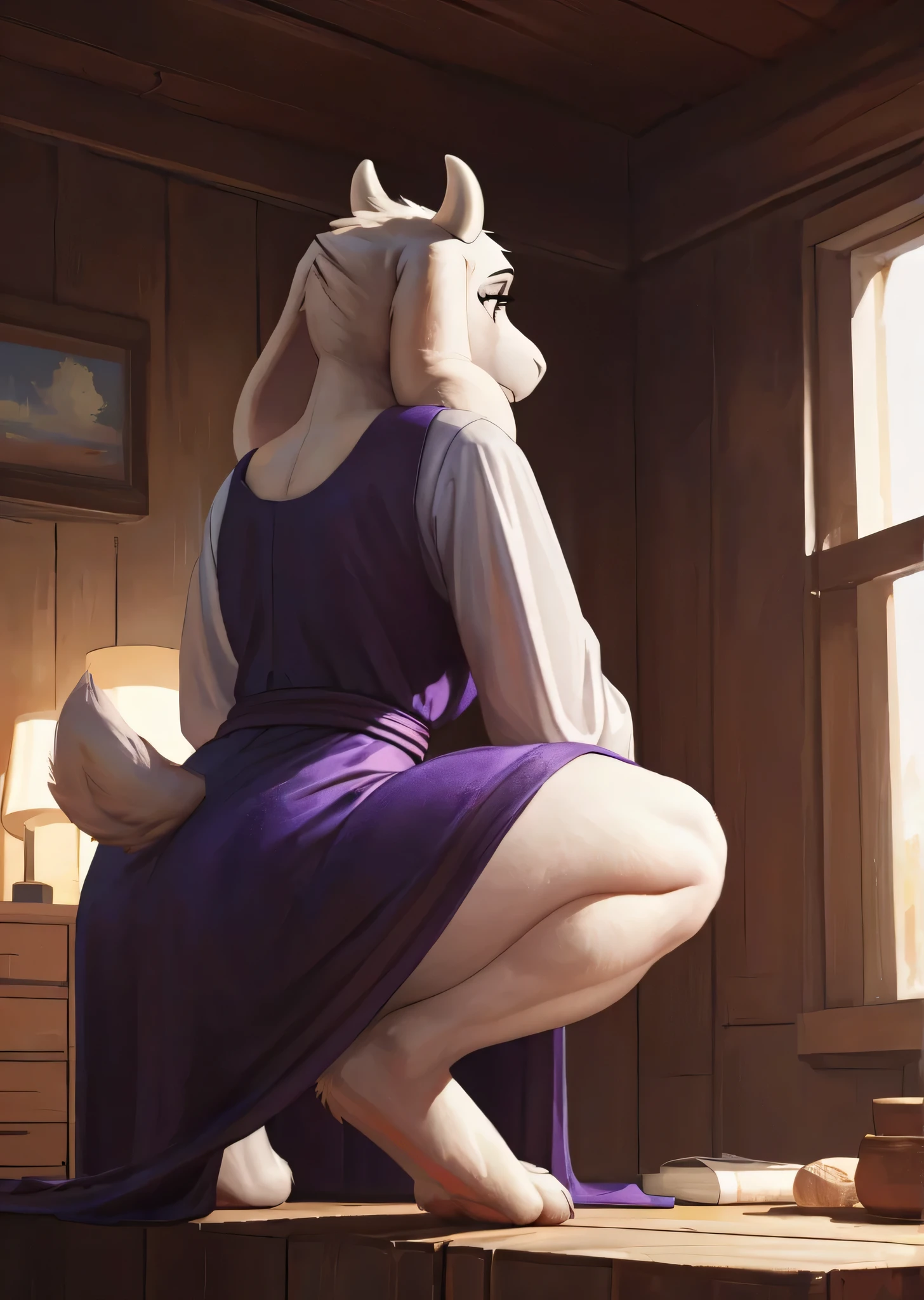 [toriel], [Undertale], [Uploaded to e621.net; (Pixelsketcher), (wamudraws), (woolrool)], ((masterpiece)), ((HD)), ((high red)), ((solo portrait)), ((low angle view)), ((back view)), ((waist up)), ((detailed fur)), ((detailed shading)), ((beautiful render art)), ((intricate details)), {anthro goat, plump figure, white fur, white nose, (short goat horns), short fluffy tail, (curvy hips), (beautiful legs), (beautiful feet), (black expression)}, {(long purple dress), (long white sleeves)}, {(squatting), (unaware of viewer), (looking away)}, [ambient lighting, bedroom, lamp table, light rays]