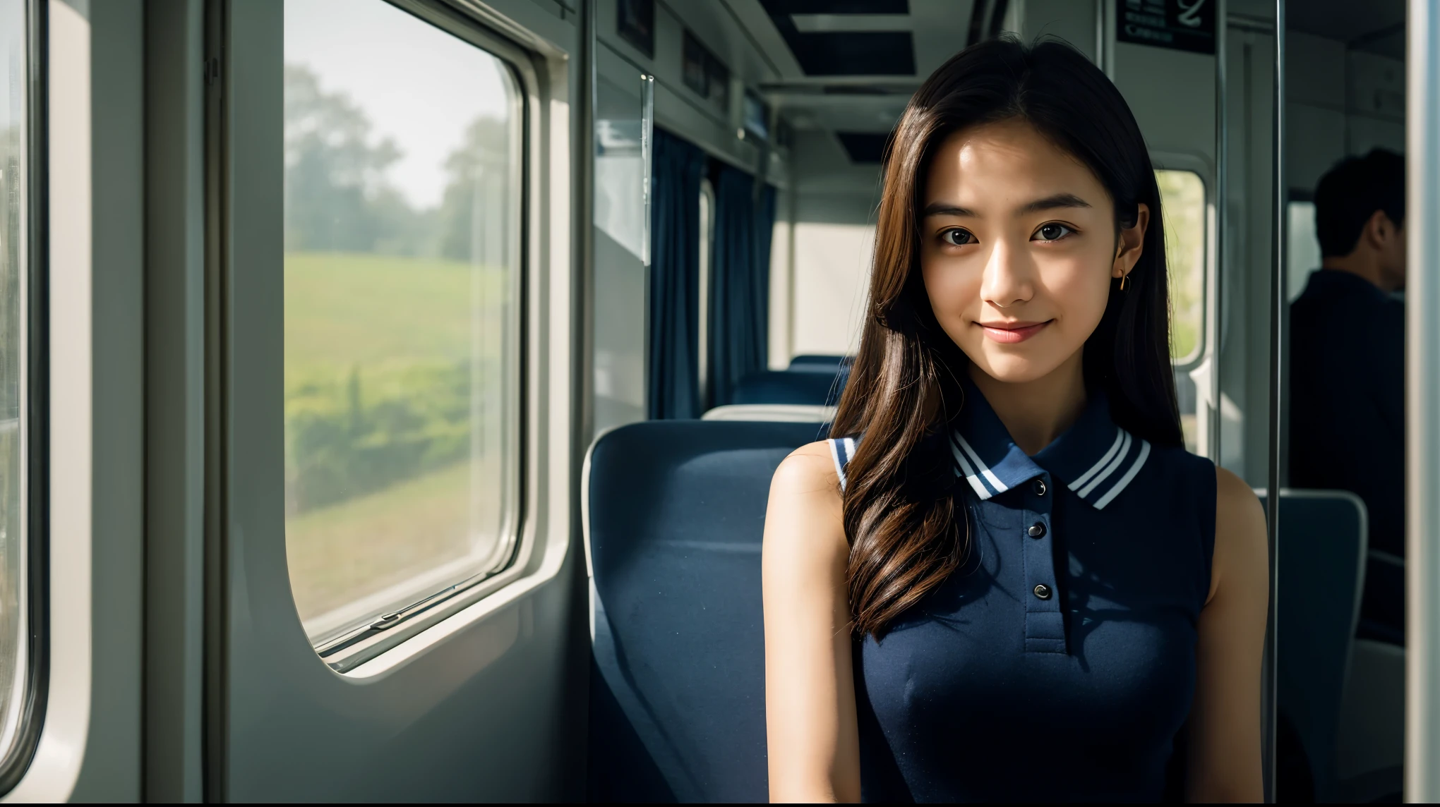 ((8K), top-quality, ​masterpiece, high resolution), 1girl, japanese, 16 years old, Elegance, Beautiful face, smile, Gradient lighting, Delicate skin, Look into the distance, Brown-eyed, Contrast Trim Polo Neck Bodycon Dress, Onepiece, Polo shirt style dresses, cotton clothes dress, Collared dress, no sleeves, Sleeveless, The clothes are dark blue and the collar is white, on a train, by the window, total darkness, subject, Lean, Look here, tote bags, deep in the night, 
