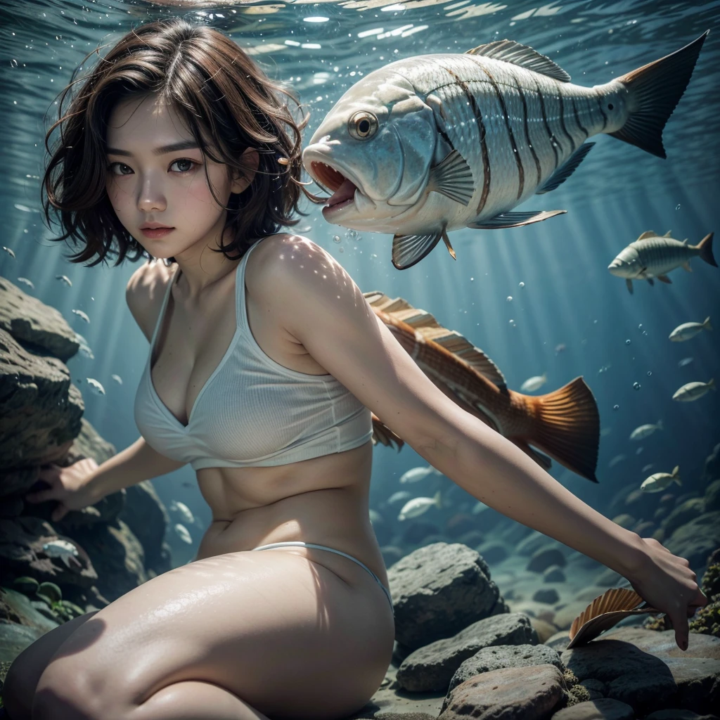  underwater with short wavy voluminous hair white skin dark brown eyes with rotating gun cutting fish