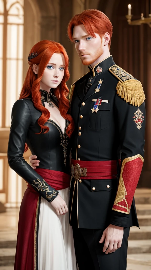 Red-haired king with black eyes and his blonde-haired, blue-eyed fiancée 