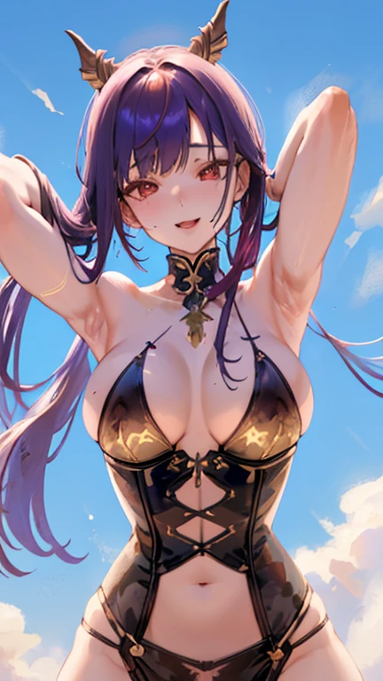 Guest Secretary(Genshin Impact),独奏,Raised sexy,breasts are seductive,Purple hair big breasts,long whitr hair,do good,dual horsetail,beauty breast、cropped shoulders、purpleeyes、cropped shoulders,the detail,Half of the body is in water,arms behind head, Arms up, Invisible hands,bangs, Bikini, Blue sky, ,, (( topless golden corset outfit with breasts and genitals exposed, ultra detailed vagina)),,seductiv, Smile,Open-mouthed,独奏,blush,ass pov,from below,Light smile,taihourq,black_hair,red eyes,Bikini,huge tit,navel