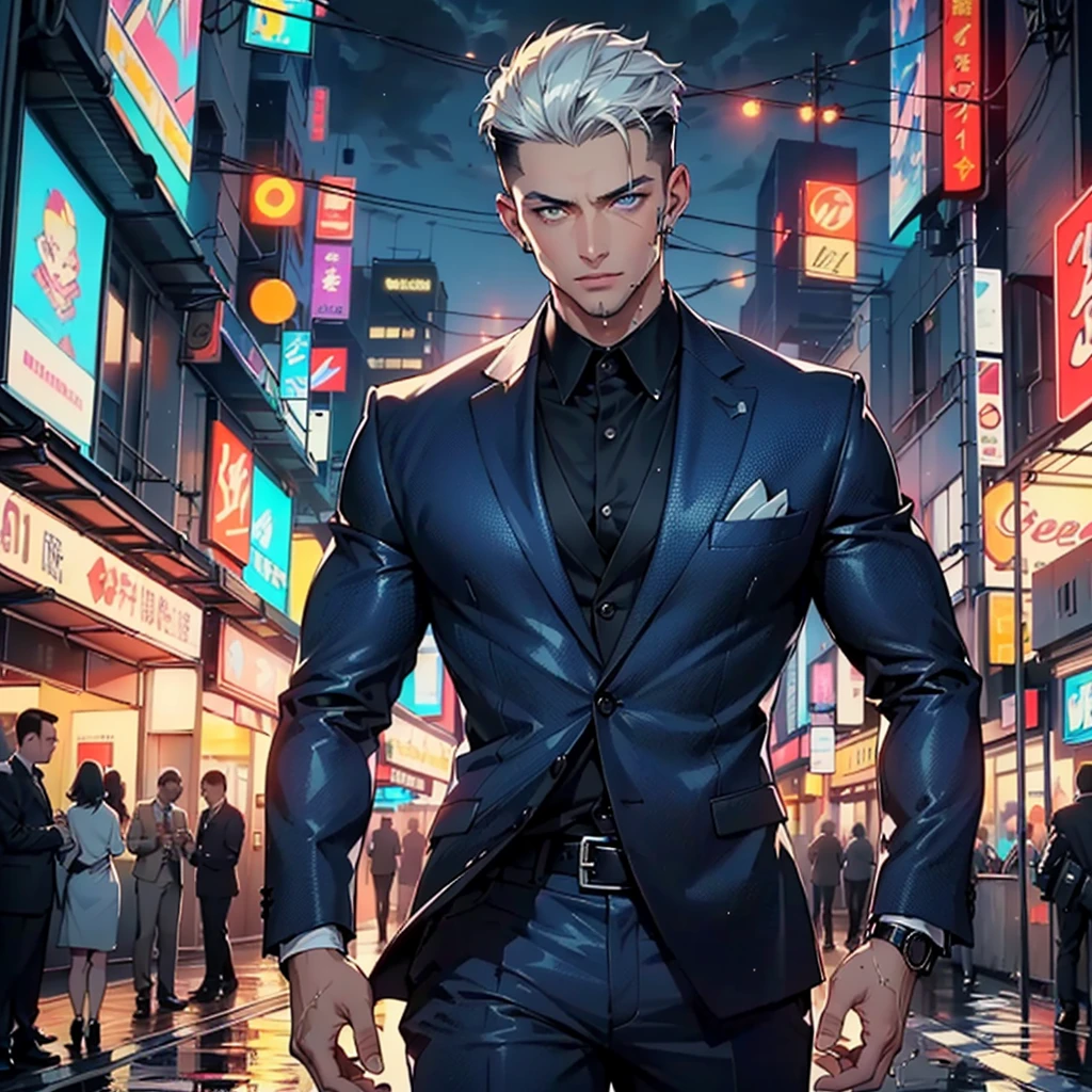 man:1.5,1 man,businessman man,(((1man))),((man with black short hair)),
(((1male,man:1.5,handsome man,male,male gender:1.5,male focus))),macho man,attractive villain,
((slicked back hair, slicked back hair,short black haircut,)),(((shiny skin:1.5,tanned skin,shiny skin: 1.5,tanned skin,shiny skin,very shiny skin,shiny body,illuminated skin))),(((blue_eyes:1.2))),intricate eyes,beautiful detailed eyes,symmetrical eyes,((man chest)),beautiful face,((muscular)),male jaw,(((detailed face))),
manly,NSFW,
cyberpunk businessman, ((Business suit:1.5)), futuristic businessman,((bulge in pants)),((dark blue and black suit:1.2)),(elegant suit),((wet clothes,intricate costume,intricate clothing,intricate costume,embellished suit)), snow white hair. red eyes. Full body image. Let it be seen from head to toe
(dynamic pose:1.0),Focus only,((presumed)),(centered,Scale to fit dimensions,rule of thirds),
cyberpunk city by the ocean at night, with bright neon signs and dark stormy clouds and puddles, scenery:1.25,
High resolution, sharp focus, (ultra detailed, extremely detailed), (photorealistic artwork:1.37),(extremely detailed CG unity 8k wallpaper),((synthwave background theme)),(((vibrant colors))),(intricate background),(masterpiece),(Best Quality),