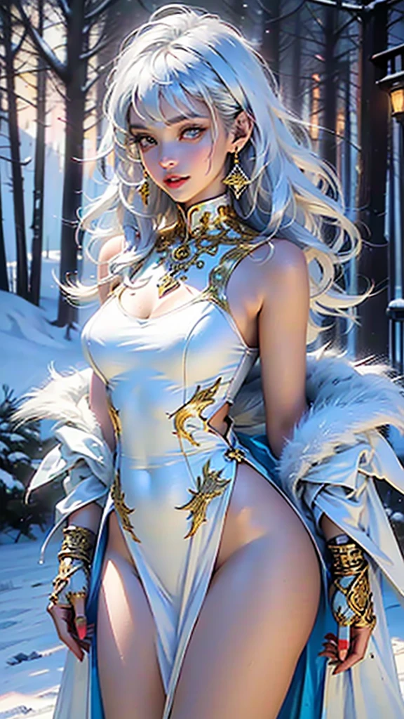 woman,1female,((milf,mom,mature,mature woman,45 years old female,adult)),(large breasts:1.5),saggy breasts,(((white hair:1.4,straight hair,long hair:1.4,colored inner hair))),((yellow_eyes:1.3)),intricate eyes,beautiful detailed eyes,symmetrical eyes,((((dark skin:1.4,lustrous skin:1.5,bright skin: 1.5,skin tanned,shiny skin,very shiny skin,shiny body,illuminated skin)))),(spider lower abdomen,narrow waist,wide hip,bimbo body,inflated legs,thick thighs,delicate detailed fingers),(((detailed face))),

cute,slutty,sensual,seductive look,seductive,((erotic)),opulent,sumptuous,longingly,((nsfw)),

queen,goddess,fantasy,(beautiful winter silver clothes,silver silk),((strapless red dress,very long red skirt,red dress)),(silver clothes),(((ice jewelry,intricate necklace,christmas jewelry,detailed outfit))),cleavage,silver silk,((eyeshadow,elegant makeup,eyelid makeup,gold lips,gold lipstick)),((Transparent cloth:1.1)), (((Sexy white fur coat, white fur coat outfit, wearing a white fur coat:1.3,winter white coat))),red gloves,(((intricate outfit,intricate clothes,embroidered outfit,ornate outfit,embroidered clothes,ornate clothes))),

(dynamic pose:1.0),embarrassed,(centered,scale to fit dimensions,Rule of thirds),

((snowy pine forest)),winter,scenery:1.25,((intricate scenery)),((snow forest background)),Christmas tree,

(Glossy winter ornaments),highres,sharp focus,(ultra detailed,extremely detailed),(photorealistic artwork:1.37),(extremely detailed CG unity 8k wallpaper),(((vibrant colors,vibrant theme))),(intricate),(masterpiece),(best quality),
