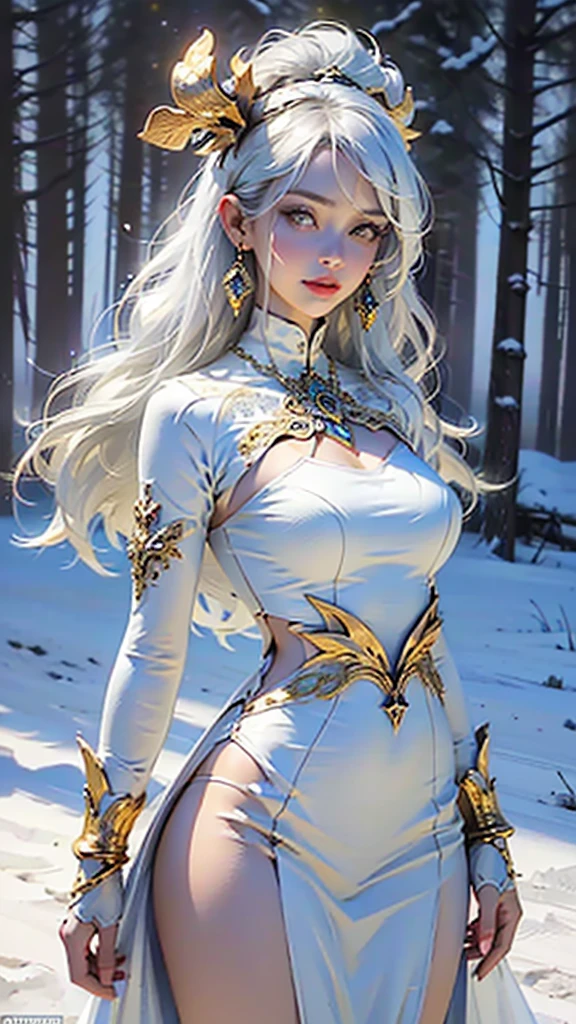 woman,1female,((milf,mom,mature,mature woman,45 years old female,adult)),(large breasts:1.5),saggy breasts,(((white hair:1.4,straight hair,long hair:1.4,colored inner hair))),((yellow_eyes:1.3)),intricate eyes,beautiful detailed eyes,symmetrical eyes,((((dark skin:1.4,lustrous skin:1.5,bright skin: 1.5,skin tanned,shiny skin,very shiny skin,shiny body,illuminated skin)))),(spider lower abdomen,narrow waist,wide hip,bimbo body,inflated legs,thick thighs,delicate detailed fingers),(((detailed face))),
cute,slutty,sensual,seductive look,seductive,((erotic)),opulent,sumptuous,longingly,((nsfw)),
queen,goddess,fantasy,(beautiful winter silver clothes,silver silk),((strapless red dress,very long red skirt,red dress)),(silver clothes),(((ice jewelry,intricate necklace,christmas jewelry,detailed outfit))),cleavage,silver silk,((eyeshadow,elegant makeup,eyelid makeup,gold lips,gold lipstick)),((Transparent cloth:1.1)), (((Sexy white fur coat, white fur coat outfit, wearing a white fur coat:1.3,winter white coat))),red gloves,(((intricate outfit,intricate clothes,embroidered outfit,ornate outfit,embroidered clothes,ornate clothes))),
(dynamic pose:1.0),embarrassed,(centered,scale to fit dimensions,Rule of thirds),
((snowy pine forest)),winter,scenery:1.25,((intricate scenery)),((snow forest background)),Christmas tree,
(Glossy winter ornaments),highres,sharp focus,(ultra detailed,extremely detailed),(photorealistic artwork:1.37),(extremely detailed CG unity 8k wallpaper),(((vibrant colors,vibrant theme))),(intricate),(masterpiece),(best quality),