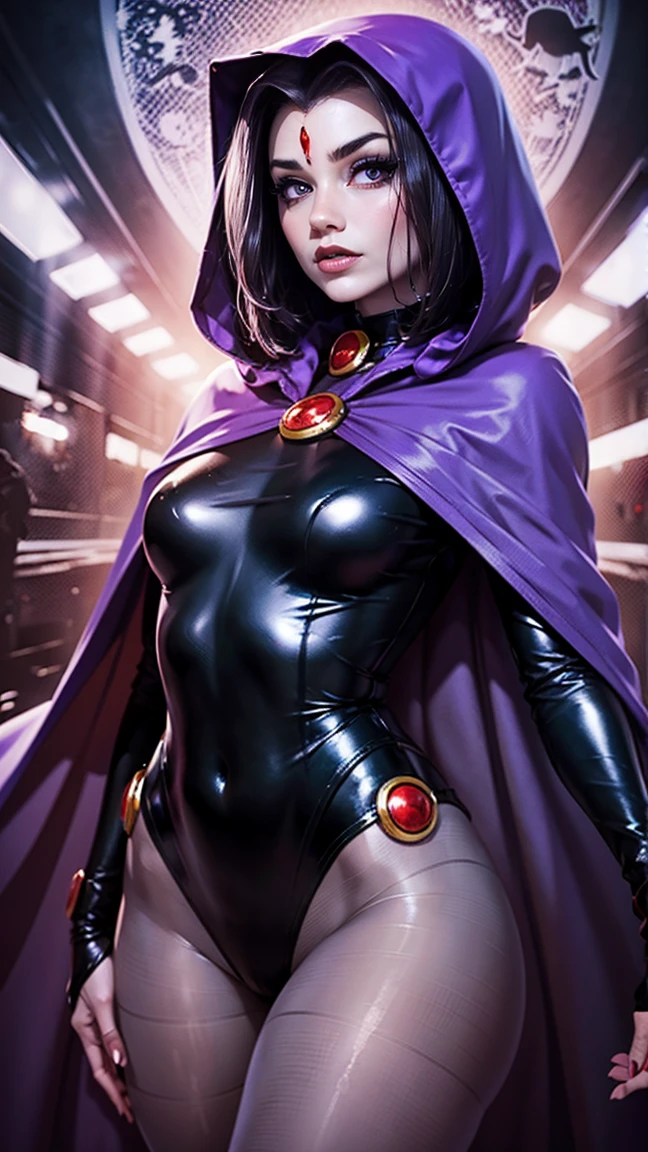 illustration of Raven from DC Comics, 1 girl, Raven, high collar, black leotard, black cape, hooded cloak, cabelo roxo, testa jeauel, purples eyes, shorth hair, belt, stretched skin, standing, neckleace, toned, pose, natta , moonlights, ((posando)), motion lines, trunk, trunk, portraite, b&au. contour, in anime tarot card art style, chic, glamourous, reflection, Glow Up, shadowing, pantyhose 40 dinier, mic