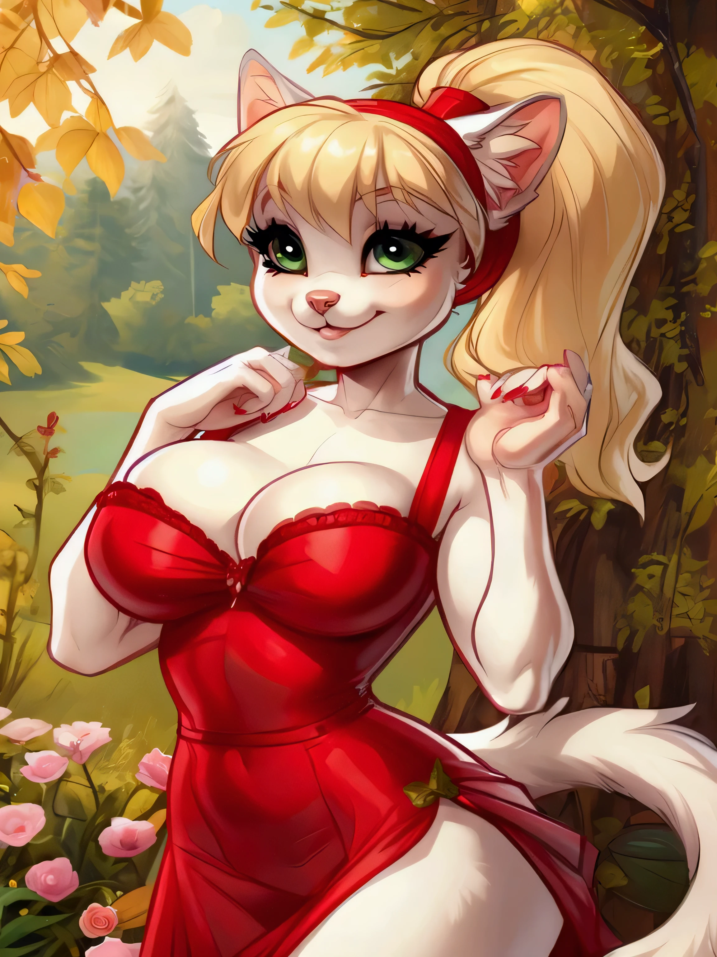 (Alisa Vald by iskra), female, anthro, (white fur), female cat, yellow hair with a ponytail, green eyes:0.8, medium hips, big breasts, red dress