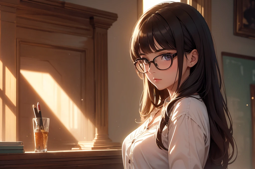 (best quality, masterpiece), 1girl, dappled sunlight, indoors, glasses, shy, 1 girl, young girl, (goosebumps:0.7), beautiful face, (eyeliner, lipstick:0.9), 4k, 8k, uhd, hdr, detailed background, background