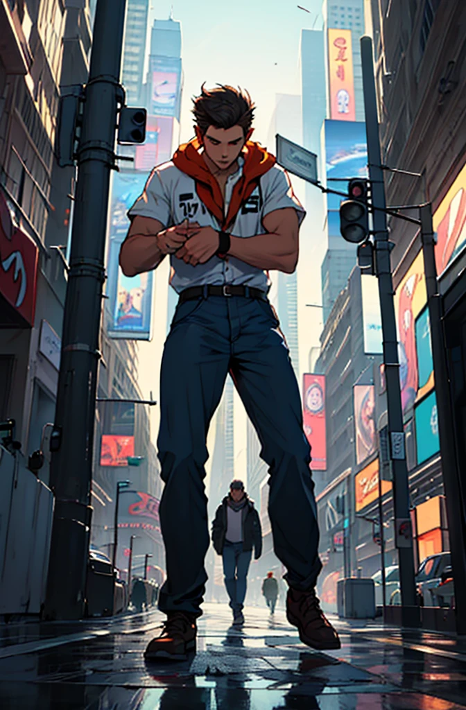 highest  quality, 8k, image high resolution, Detailed strokes, in the middle of a busy Times Square-style avenue, winter, leaning on one of the posts, Teenager, lion men, wearing a shirt , male, chest a little tight in the shirt , (angle from below), (near the defined chambers, defined arms, defined abdomen, with the shirt,