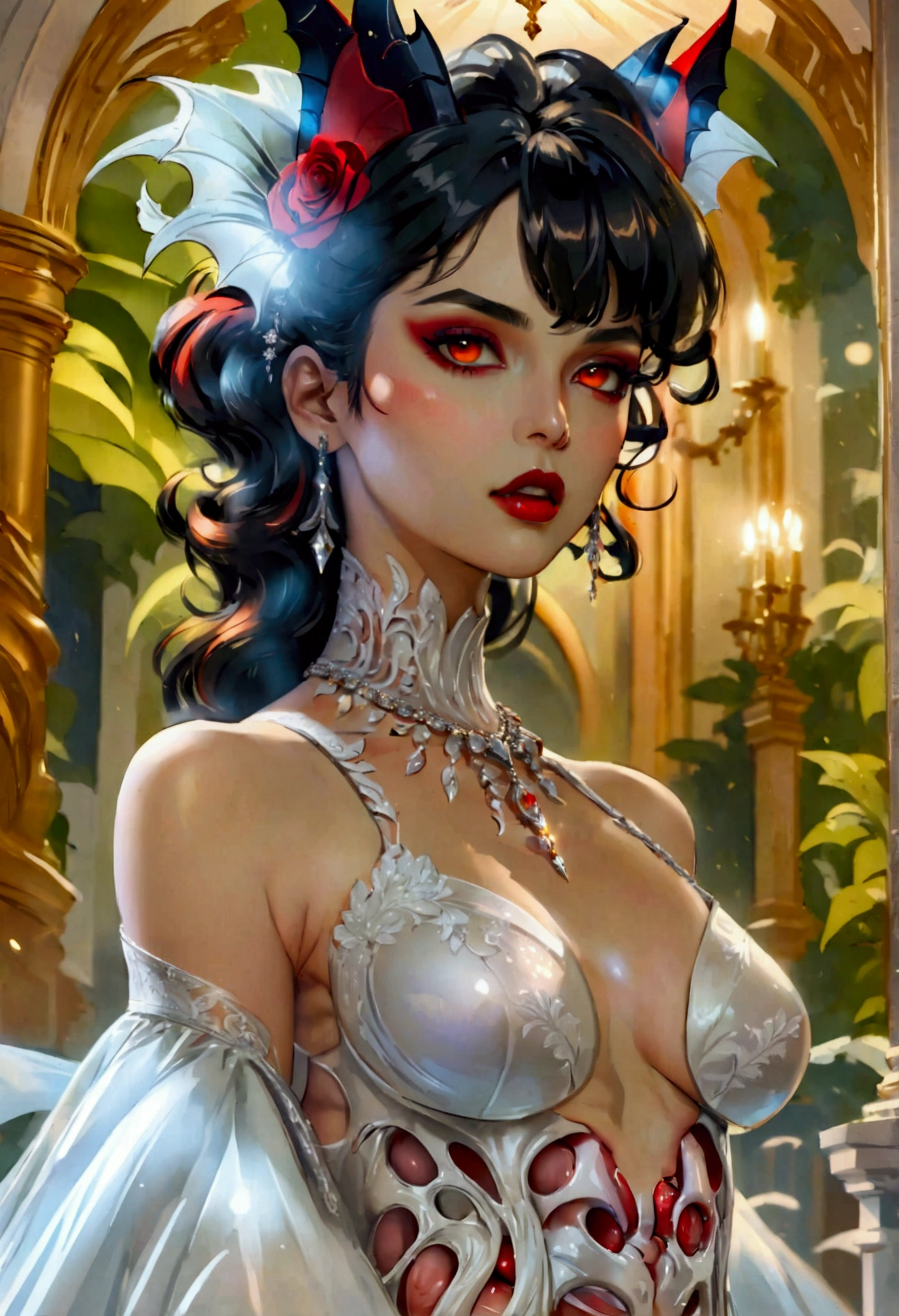 a glamour picture shot, of an elite vampire model, walking on a (dark catwalk: 1.2), an extraordinary glamourous elite female vampire model, ((full body: 1.5)),  ((anatomically correct: 1.5), (ultra detailed face: 1.2), best detailed face, black hair, long hair, lush hair, glam hair cut, red eyes, delicate face, light make up, wearing intricate white detailed dress, glamour dress, haute couture dress, elite fashion dress, white dress, decorated with diamonds,  small cleavage, wearing high heels, elegant high heels, she wears diamond necklace, elite fashion show background, vibrant, Hyperrealism style, vibrant, Ultra-high resolution, High Contrast, (masterpiece:1.5), highest quality, Best aesthetics), best details, best quality, highres, ultra wide angle, 16k, [ultra detailed], masterpiece, best quality, (extremely detailed) RAW, chumbasket art style, rpg portrait, photograph, BloodSoakedAI, vampire teeth