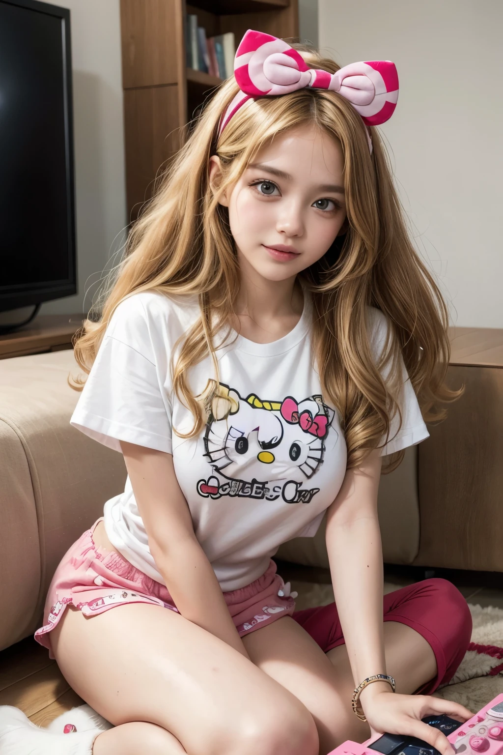 A cartoon girl with curly hair in shades of brown and blonde, com olhos castanhos, holding a video game controller. She is wearing a Hello Kitty themed outfit, like a T-shirt with the image of Hello Kitty and a matching accessory, like a hairband or a bracelet. She has a happy expression and is in a cozy living room, with subtle decor that includes some Hello Kitty items.