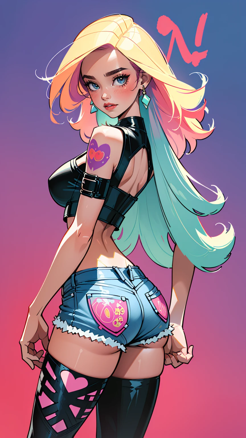 Background, In chic boho style, purple hair, Long Hair, super long hair, from back, Ice cream print, multi-colored neon lights, neon garlands, lavender mint hair, mixed-language_SMS, Japanese graffiti, (beautiful and clear background:1.2),, fantastic paintings ,graffit style, olhos altamente detalhados , Underwear, lace, latex, blonde girl, Cat Print, tattoo, Loving, Love, ultra detailed hair, Masterpiece, Best Quality, hig quality, high-resolution, detail enhancement, ((most beautiful image in the world)), Masterpiece, Best Quality, hig quality, high-resolution, detail enhancement, ((most beautiful image ), Shiny pink degrade hair, ultra short fitted Stampa Flores, Rollers, tights in a mesh, Short denim shorts, art by stjepan sejic, art by j scott campbell, art by guillem march, art by citemer liu, 4k, high-resolution, comic book character, comic, high quality detailed, style of ::2.0 comix illustration style,tatoon style, hig quality, high-resolution, detail enhancement, 8K, HD, Best Quality, hig quality, high-resolution, detail enhancement, 8K, HDR, Sharp focus, Ultra Detailed, Perfect lighting, Curvy Body, Lush breasts, Curvy hips