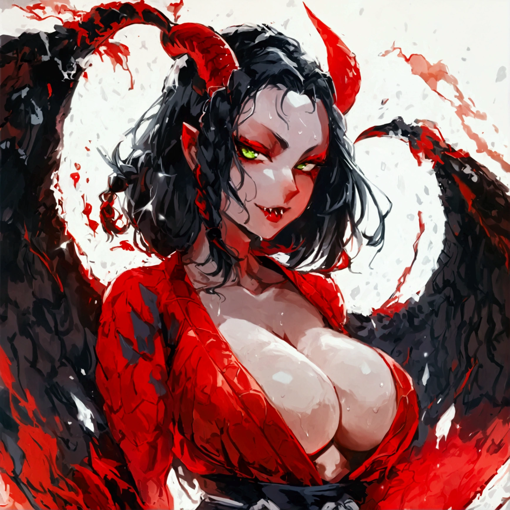 (masterpiece, best quality), 1lady, solo, (white Scales, scaly body), halo, wings,fallen angel, black hair, loose waves, red eyes, (dragon, art by hermann nitsch, zdzislaw beksinski, dariusz zawadzki, giger), big breasts, naked