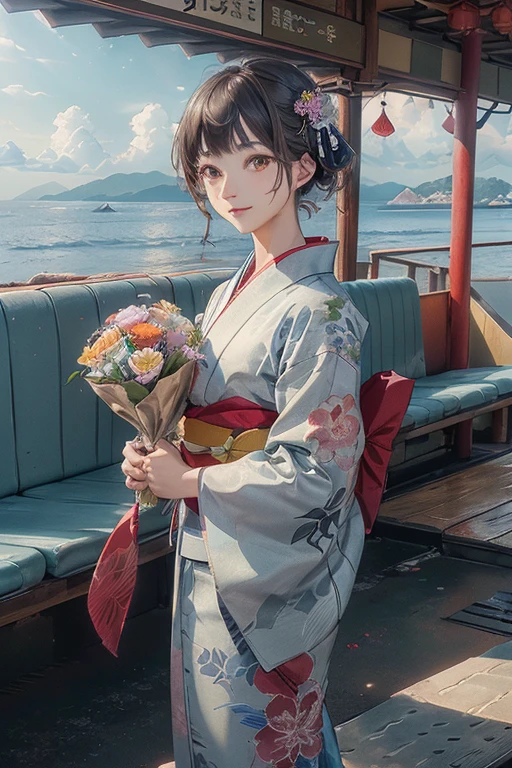 There is a woman holding a bouquet by the window., With flowers, Wearing a colorful yukata, Wear a rainbow-colored kimono, (masterpiece, Highest quality, Official Art, Highly detailed CG Unity 8k wallpaper), Highly detailed shot with a Canon EOA6D Mark II, Photo taken with Sony a7r, japanese related With flowers, Eyes on the Flower,On the platform at a station with a view of the sea, In kimono, Shot with Canon EOS 5D mark iv, Shot with Canon EOS 5D