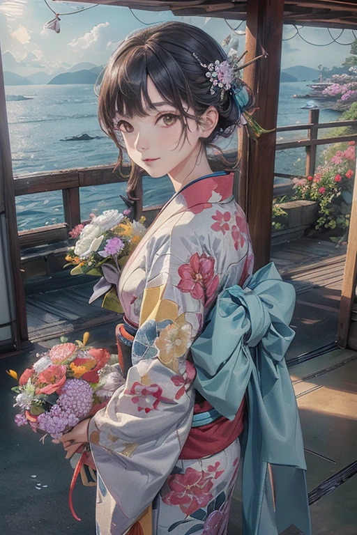 There is a woman holding a bouquet by the window., With flowers, Wearing a colorful yukata, Wear a rainbow-colored kimono, (masterpiece, Highest quality, Official Art, Highly detailed CG Unity 8k wallpaper), Highly detailed shot with a Canon EOA6D Mark II, Photo taken with Sony a7r, japanese related With flowers, Eyes on the Flower,On the platform at a station with a view of the sea, In kimono, Shot with Canon EOS 5D mark iv, Shot with Canon EOS 5D