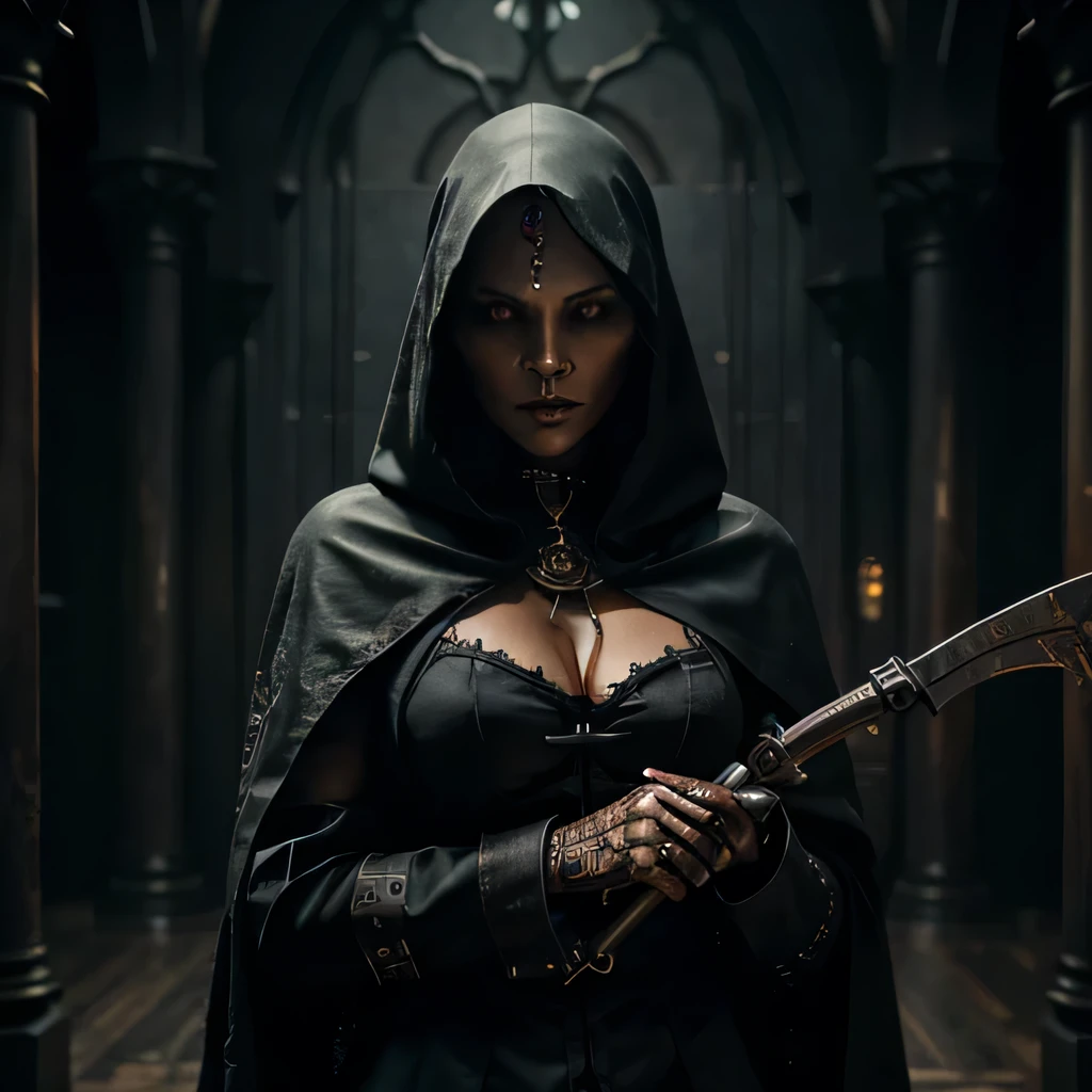 female grim reaper, holding scythe, open long black hooded cloak, steampunk style, best quality, 4k, super detailed, photorealistic, intricate details, dramatic lighting, dark moody atmosphere, grungy textures, mechanical elements, brass and copper accents, gothic architecture, dramatic poses, mysterious expression