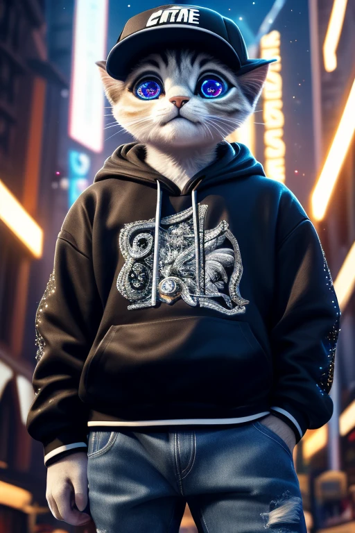 (Highest quality、masterpiece、8k))、Anatomically correct、Very detailed、High resolution、Realistic、((Beautiful, sparkling, detailed eyes))、Intricate details、Cinematic lighting、((Dynamic composition))、Kitten in a black and white hoodie、Nike Caps、hip hop、Distressed jeans、4 heads、congestion、Big head