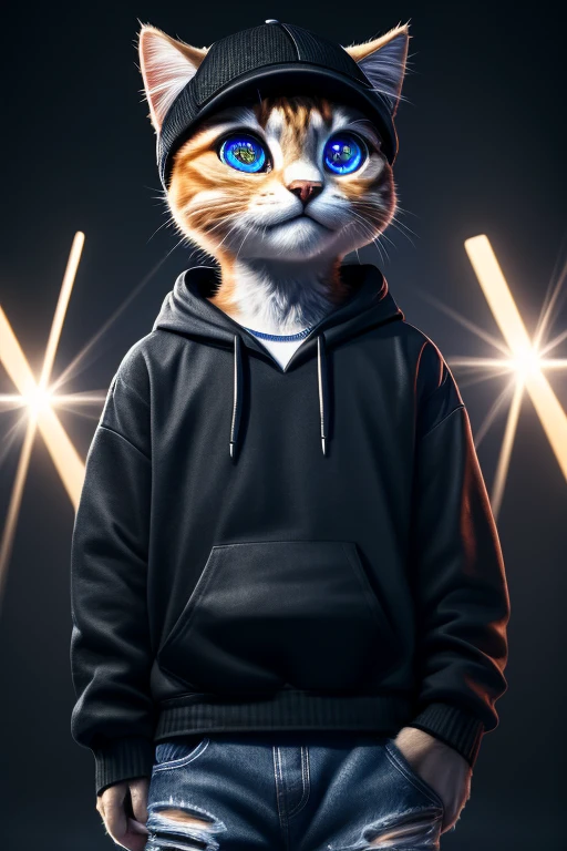 (Highest quality、masterpiece、8k))、Anatomically correct、Very detailed、High resolution、Realistic、((Beautiful, sparkling, detailed eyes))、Intricate details、Cinematic lighting、((Dynamic composition))、Kitten in a black and white hoodie、Nike Caps、hip hop、Distressed jeans、4 heads、congestion、Big head