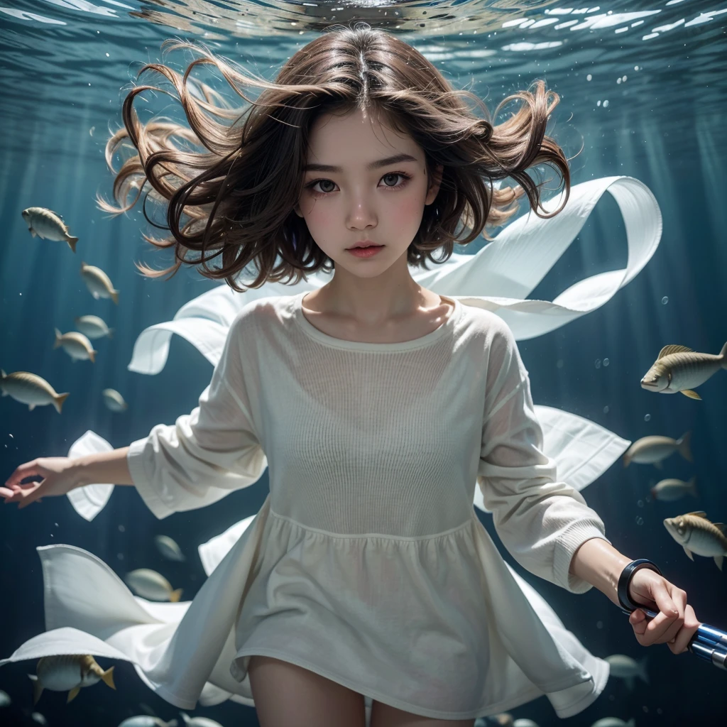 underwater with short wavy voluminous hair white skin dark brown eyes with rotating gun cutting fish, with the clothes where are the cut fish more well behaved clothes