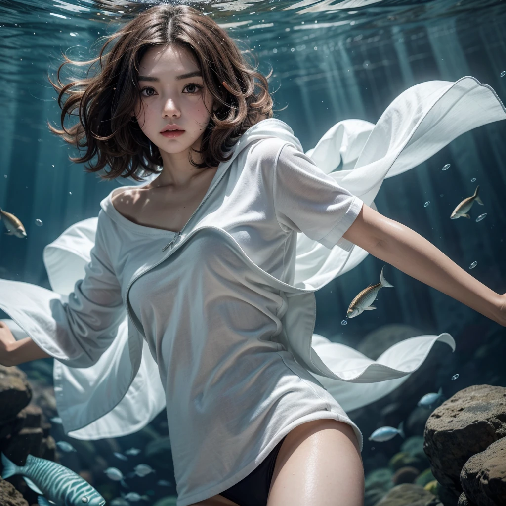 underwater with short wavy voluminous hair white skin dark brown eyes with rotating gun cutting fish, with the clothes where are the cut fish more well behaved clothes