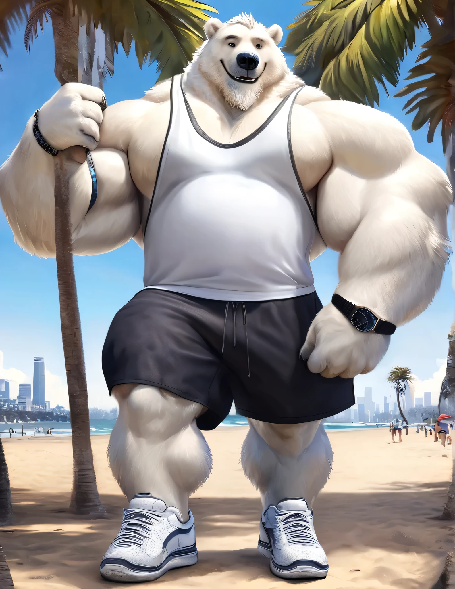 huge muscular polar bear in Los Angeles Beach, big smile, polar bear, huge white fur, thick arm, huge arm, bearded. white hair and beard, bearded, (muscular, pectoral, wide pectoral, thick arms), beach, palm, realistic, 8k, masterpiece, (wearing black shorts, wristband, watch and white tank top, gym shoes)