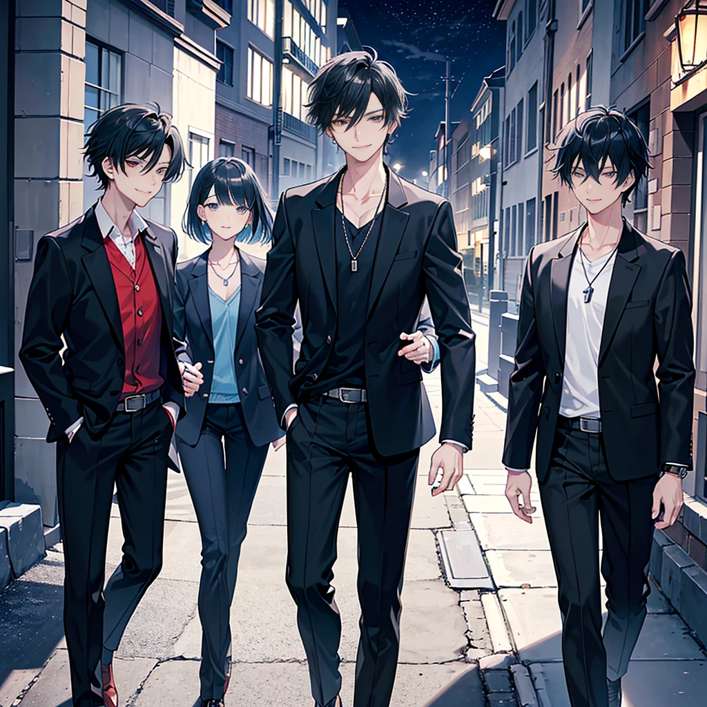 High resolution, High resolution,2D anime style,,cool guy,mature look,,twentieth generation,short hair,Silver and black hair, blue and red chlorine eyes, beautiful watch,Beautiful earrings,Beautiful necklace,Formal Dark Fashion,he is smiling a little,evening,walking,Put your hands in your pockets, Dark blue suit.