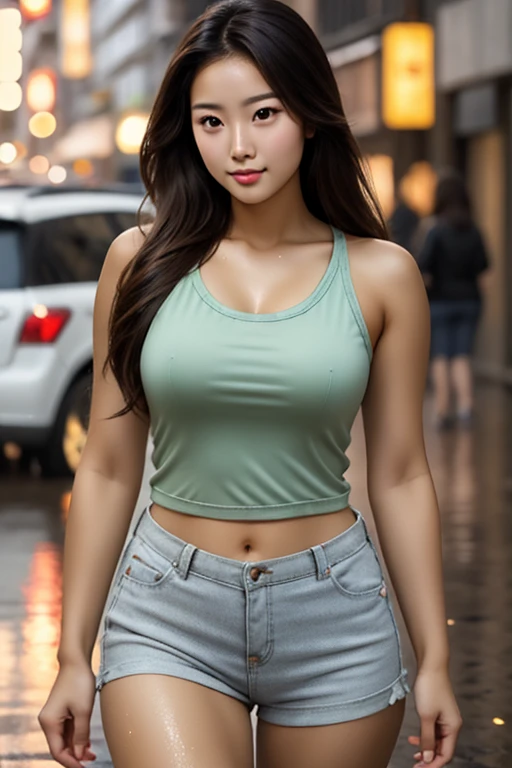 best quality, 8k, very delicate and beautiful, highly detailed face and skin texture, shiny skin, high resolution, big sexy brown long hair tanned skin japanese girl in tank top stand on street, raining, wet, sharp focus
