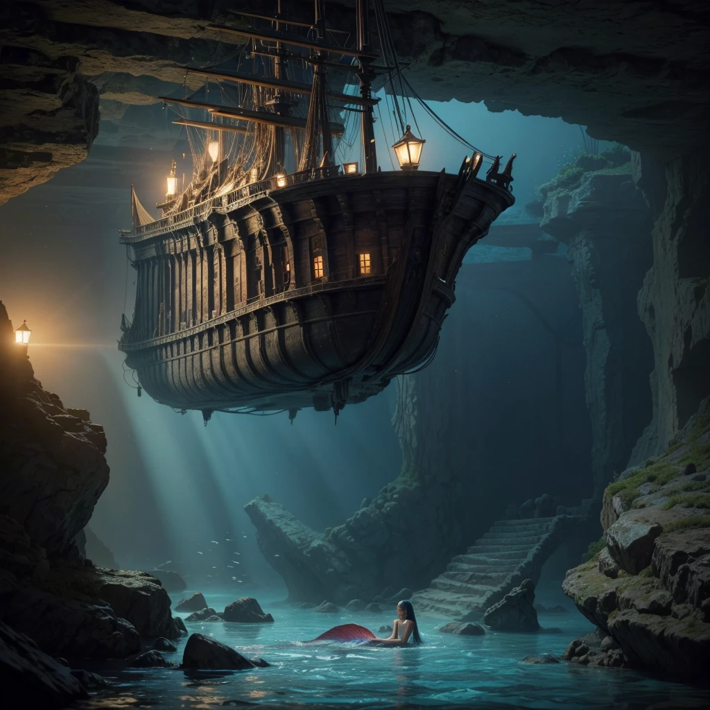 Play a mermaid visiting an ancient ship submerged at the bottom of the ocean , Do it in high definition and realistic inside the ship .
Make this image as realistic as possible