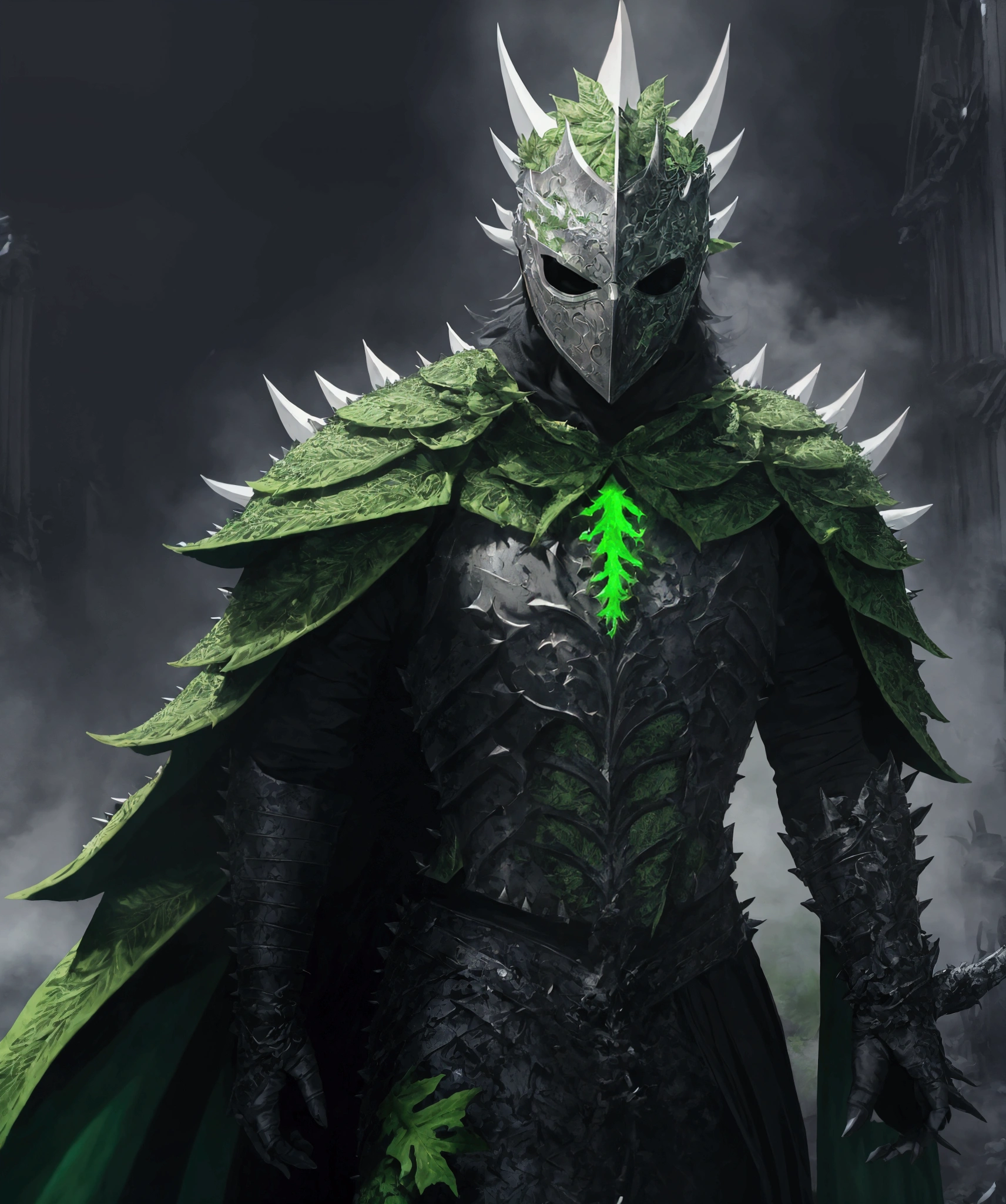 (extremely detailed 8k wallpaper), a medium shot photo of Grim dressed as a scary masked tree green tree-supervillain in a tree green body made of tree branches glowing body from marvel, theme, intricate, high detail, dramatic, destroyed buildings and blue smoke in the background