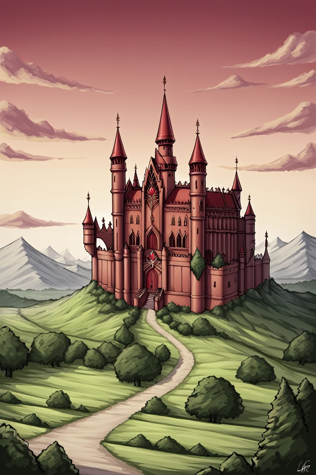 A castle with sharp roses surrounding it, dark fantasy, dark souls. Red castle, scarlet sky, landscape. Masterpiece, UHD