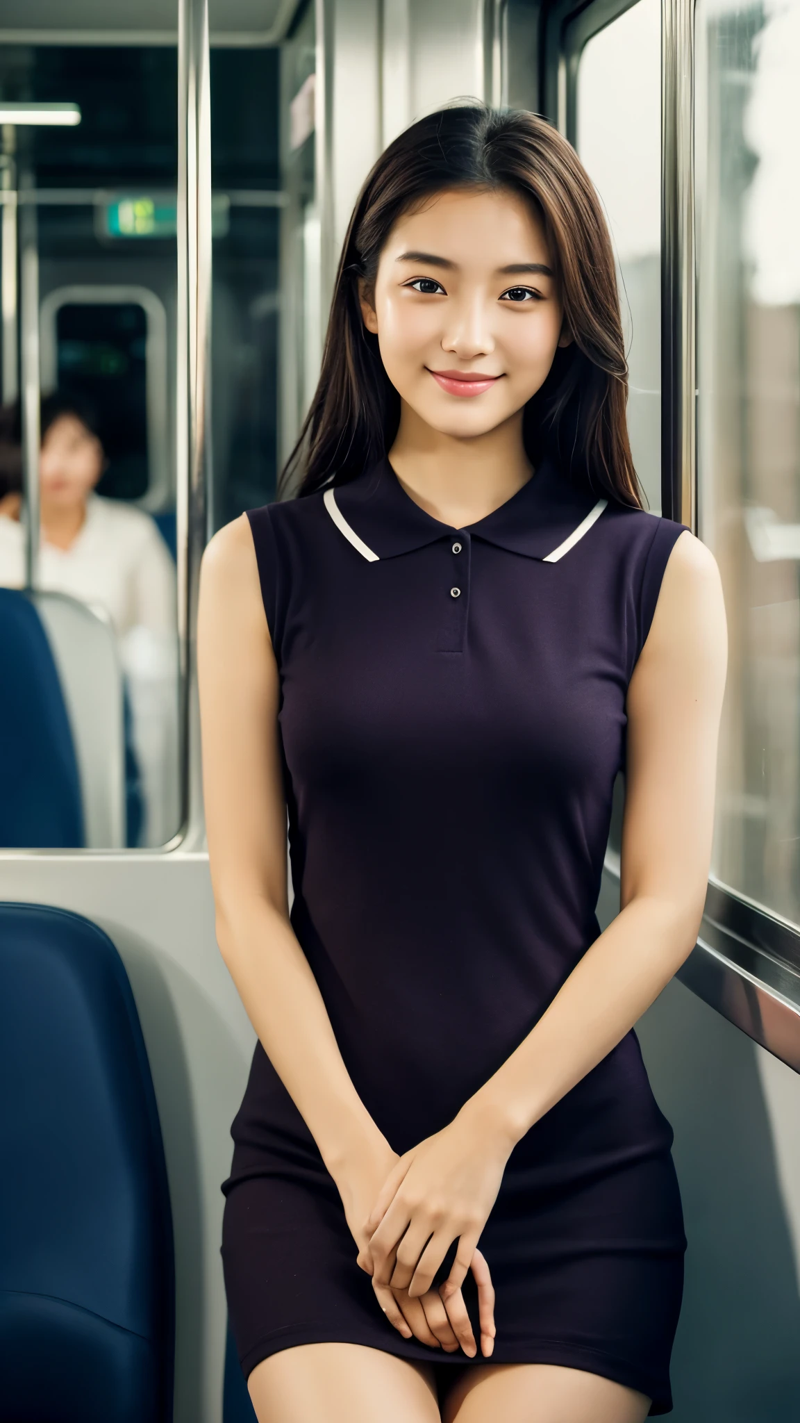 ((8K), top-quality, masterpiece, high resolution), 1girl, japanese, 16 years old, Elegance, Beautiful face, smile, Gradient lighting, Delicate skin, Look into the distance, Brown-eyed, Contrast Trim Polo Neck Bodycon Dress, Onepiece, Polo shirt style dresses, cotton clothes dress, Collared dress, no sleeves, Sleeveless, on a train, by the window, total darkness, subject, Lean, Look here, tote bags, deep in the night,