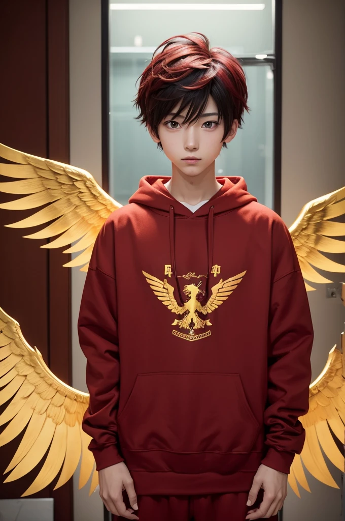 Anime boy in red sweatshirt With padlocked hair and golden wings
