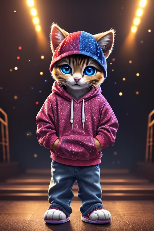 (Highest quality、masterpiece、8k))、Anatomically correct、Very detailed、High resolution、Realistic、((Beautiful, sparkling, detailed eyes))、Intricate details、Cinematic lighting、((Dynamic composition))、Kitten wearing a red and blue glitter hoodie、Nike Caps、hip hop、Distressed jeans、4 heads、congestion、Big head、Show me your nice paws