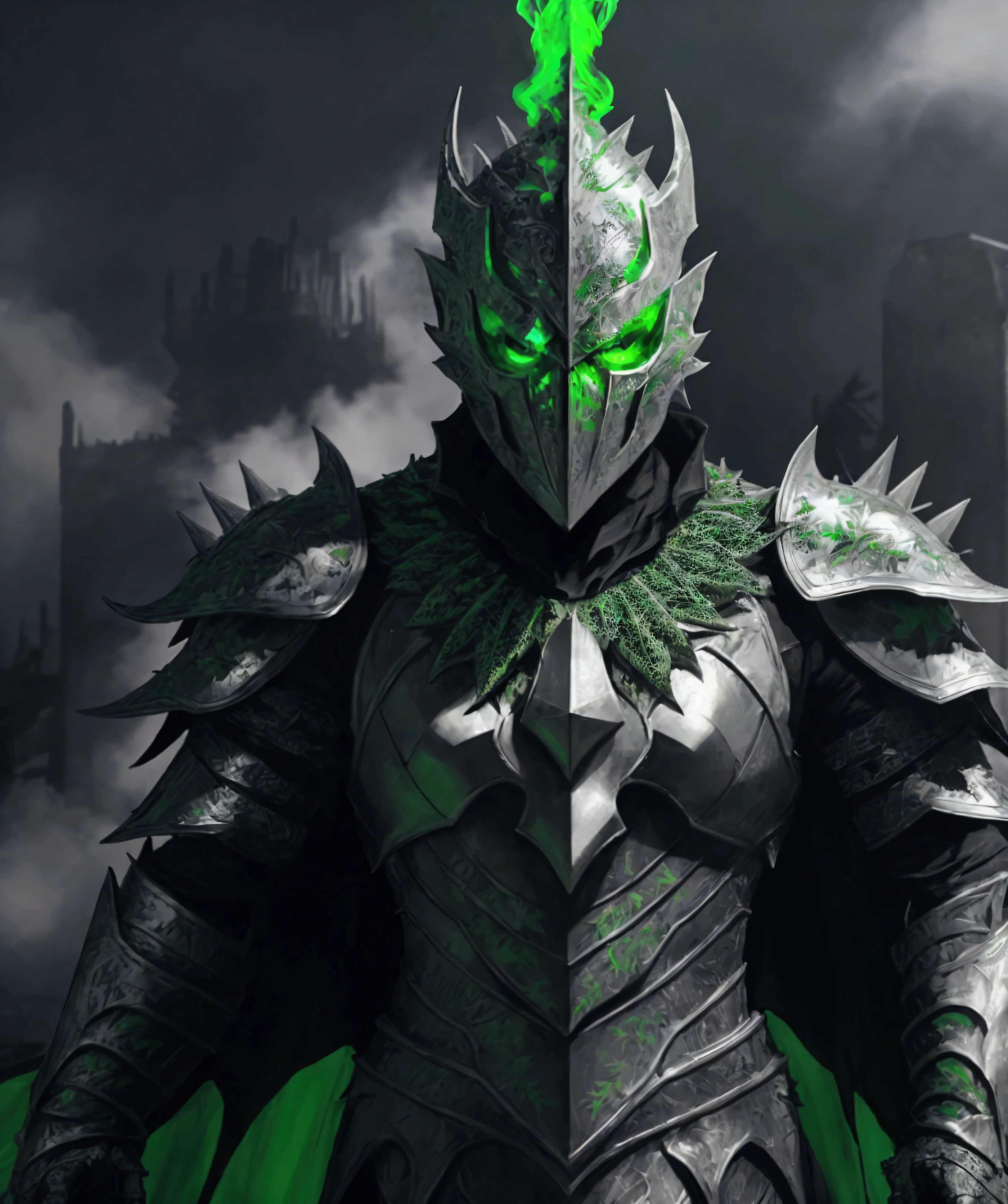 (extremely detailed 8k wallpaper), a medium shot photo of  Grim dressed as a scary masked metallic white and green leafy-supervillain in a metallic white and green spiked armour made of leafs glowing armour with spikes from marvel, theme, intricate, high detail, dramatic, destroyed buildings and blue smoke in the background