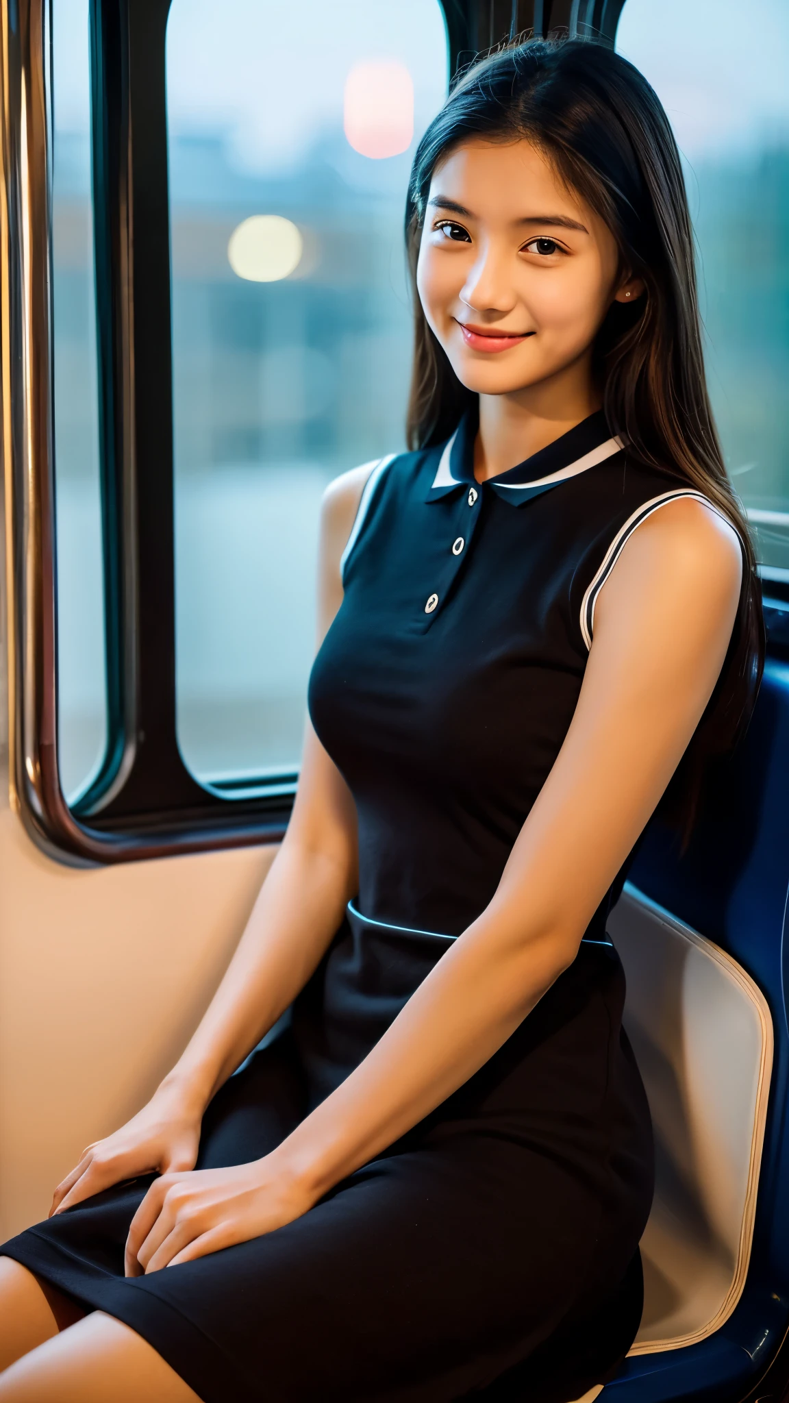 ((8K), top-quality, masterpiece, high resolution), 1girl, japanese, 16 years old, Elegance, Beautiful face, smile, Gradient lighting, Delicate skin, Look into the distance, Brown-eyed, Contrast Trim Polo Neck Bodycon Dress, Onepiece, Polo shirt style dresses, cotton clothes dress, Collared dress, no sleeves, Sleeveless, on a train, by the window, total darkness, subject, Lean, Look here, tote bags, deep in the night,