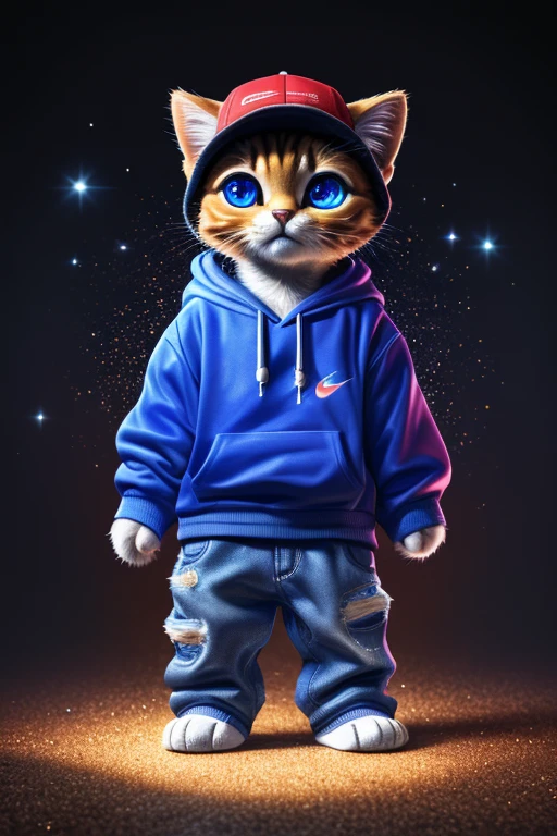 (Highest quality、masterpiece、8k))、Anatomically correct、Very detailed、High resolution、Realistic、((Beautiful, sparkling, detailed eyes))、Intricate details、Cinematic lighting、((Dynamic composition))、Kitten wearing a red and blue glitter hoodie、Nike Caps、hip hop、Distressed jeans、4 heads、congestion、Big head、Show me your nice paws