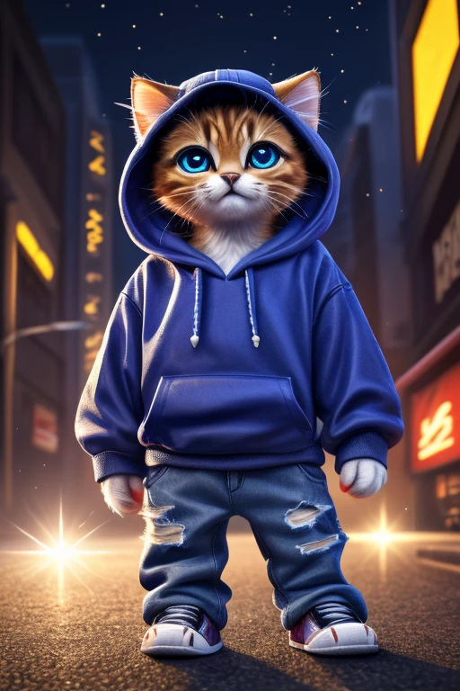 (Highest quality、masterpiece、8k))、Anatomically correct、Very detailed、High resolution、Realistic、((Beautiful, sparkling, detailed eyes))、Intricate details、Cinematic lighting、((Dynamic composition))、Kitten wearing a red and blue glitter hoodie、Nike Caps、hip hop、Distressed jeans、4 heads、congestion、Big head、Show me your nice paws