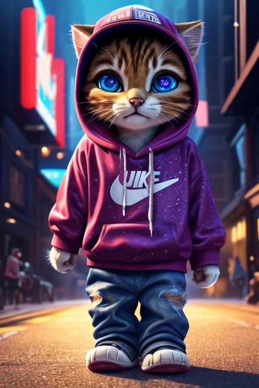 (Highest quality、masterpiece、8k))、Anatomically correct、Very detailed、High resolution、Realistic、((Beautiful, sparkling, detailed eyes))、Intricate details、Cinematic lighting、((Dynamic composition))、Kitten wearing a red and blue glitter hoodie、Nike Caps、hip hop、Distressed jeans、4 heads、congestion、Big head、Show me your nice paws